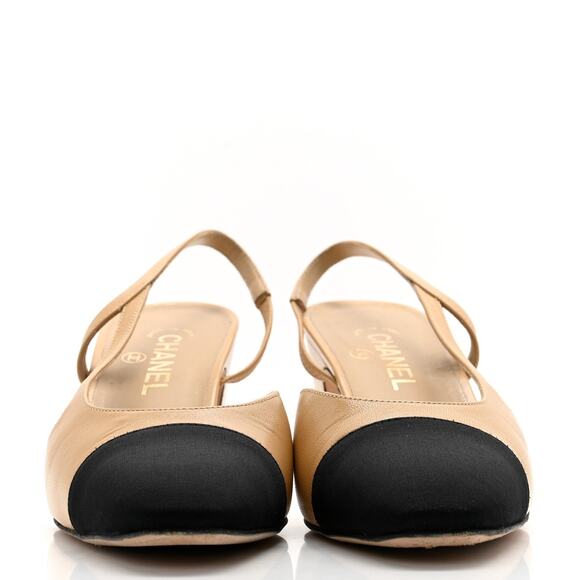 Chanel Goatskin Grosgrain Cap Toe Cc Slingback Pumps- 38.5 US 8.5 Beige/Black - Picture 3 of 4